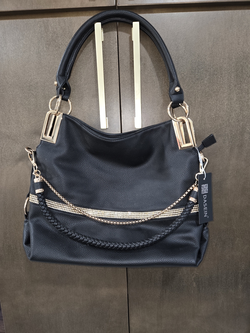 Black Hobo Bag with Gold Accents